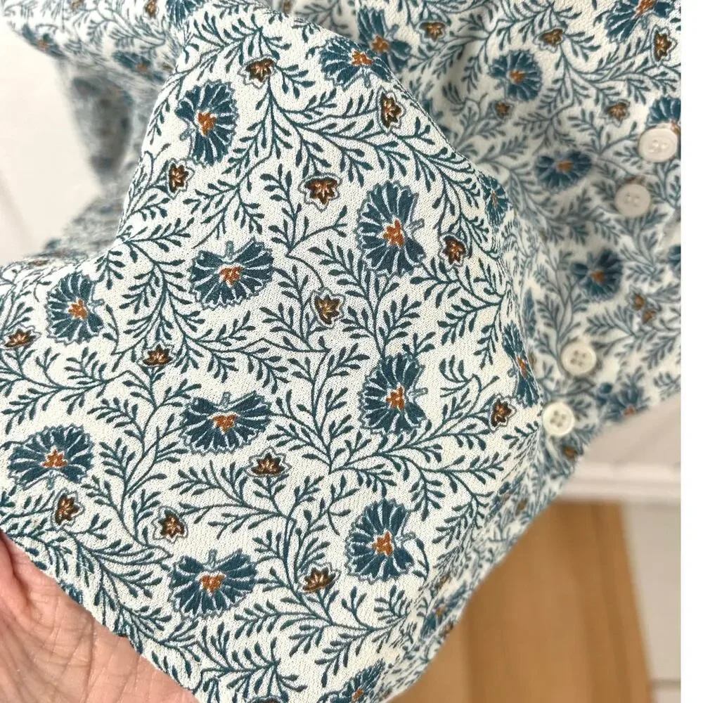 A Loves A Floral Peasant Blouse Medium Blue Boho Smocked Long Sleeve Viscose Top - Picture 3 of 9